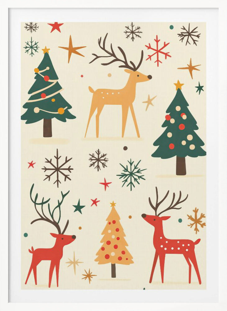 A retro-style holiday illustration featuring stylized red and tan reindeer, green and yellow Christmas trees, and various colorful snowflakes and stars scattered across a cream background. Artwork
