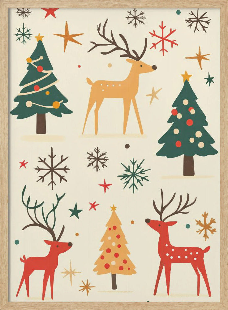 A retro-style holiday illustration featuring stylized red and tan reindeer, green and yellow Christmas trees, and various colorful snowflakes and stars scattered across a cream background. Artwork