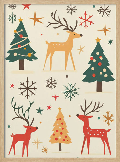 A retro-style holiday illustration featuring stylized red and tan reindeer, green and yellow Christmas trees, and various colorful snowflakes and stars scattered across a cream background. Artwork