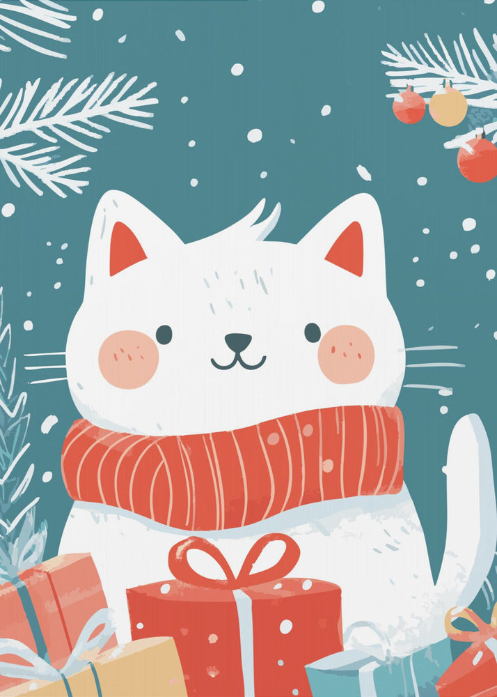 A cute cartoon illustration of a white cat with rosy cheeks wearing a cozy red scarf. The cat is surrounded by colorful wrapped Christmas gifts against a teal blue background with falling snow and white pine branches. Print