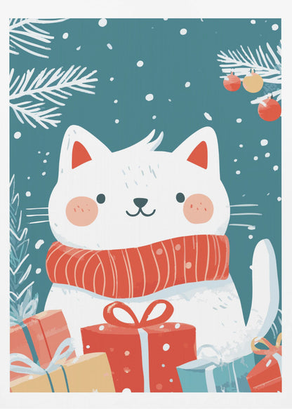 A cute cartoon illustration of a white cat with rosy cheeks wearing a cozy red scarf. The cat is surrounded by colorful wrapped Christmas gifts against a teal blue background with falling snow and white pine branches. Print