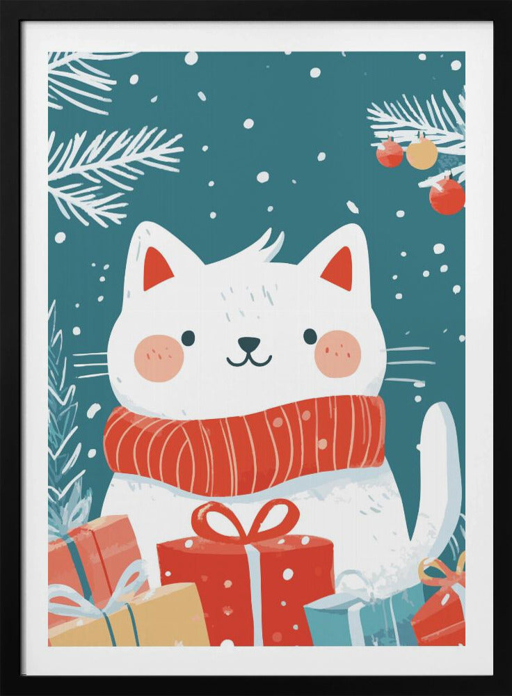 A cute cartoon illustration of a white cat with rosy cheeks wearing a cozy red scarf. The cat is surrounded by colorful wrapped Christmas gifts against a teal blue background with falling snow and white pine branches. Print