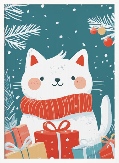 A cute cartoon illustration of a white cat with rosy cheeks wearing a cozy red scarf. The cat is surrounded by colorful wrapped Christmas gifts against a teal blue background with falling snow and white pine branches. Print