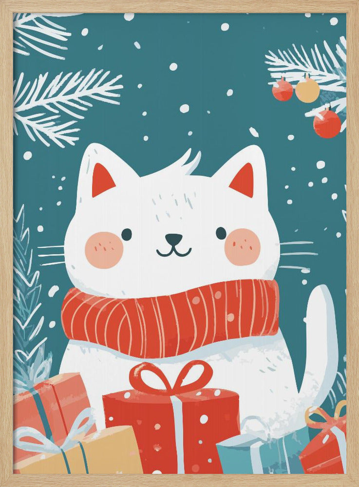 A cute cartoon illustration of a white cat with rosy cheeks wearing a cozy red scarf. The cat is surrounded by colorful wrapped Christmas gifts against a teal blue background with falling snow and white pine branches. Print
