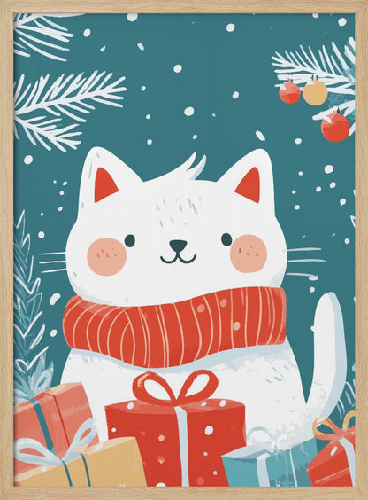 A cute cartoon illustration of a white cat with rosy cheeks wearing a cozy red scarf. The cat is surrounded by colorful wrapped Christmas gifts against a teal blue background with falling snow and white pine branches. Print