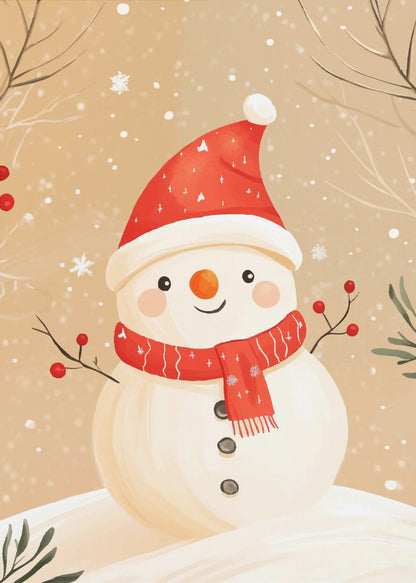 A watercolor-style illustration of a cute, smiling snowman wearing a red Santa hat and a matching red scarf. The snowman has stick arms with red berries, a carrot nose, and is set against a tan background with falling snow and bare branches. Decor