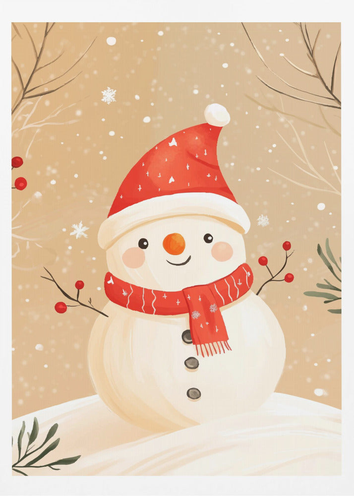 A watercolor-style illustration of a cute, smiling snowman wearing a red Santa hat and a matching red scarf. The snowman has stick arms with red berries, a carrot nose, and is set against a tan background with falling snow and bare branches. Decor