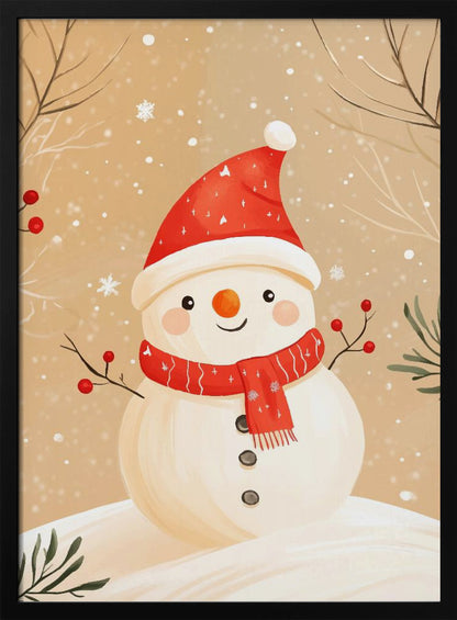 A watercolor-style illustration of a cute, smiling snowman wearing a red Santa hat and a matching red scarf. The snowman has stick arms with red berries, a carrot nose, and is set against a tan background with falling snow and bare branches. Decor