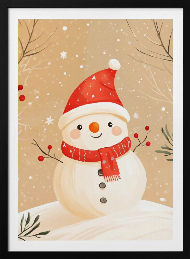 A watercolor-style illustration of a cute, smiling snowman wearing a red Santa hat and a matching red scarf. The snowman has stick arms with red berries, a carrot nose, and is set against a tan background with falling snow and bare branches. Decor