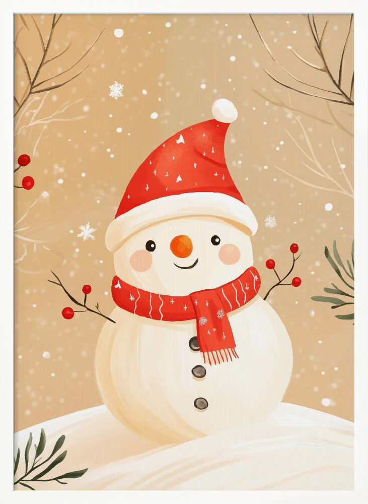 A watercolor-style illustration of a cute, smiling snowman wearing a red Santa hat and a matching red scarf. The snowman has stick arms with red berries, a carrot nose, and is set against a tan background with falling snow and bare branches. Decor