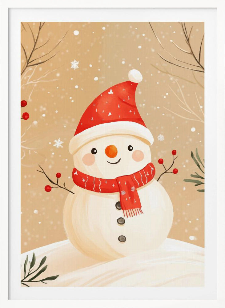 A watercolor-style illustration of a cute, smiling snowman wearing a red Santa hat and a matching red scarf. The snowman has stick arms with red berries, a carrot nose, and is set against a tan background with falling snow and bare branches. Decor
