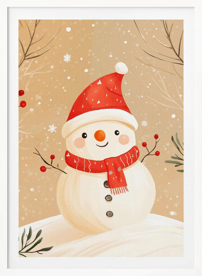 A watercolor-style illustration of a cute, smiling snowman wearing a red Santa hat and a matching red scarf. The snowman has stick arms with red berries, a carrot nose, and is set against a tan background with falling snow and bare branches. Decor