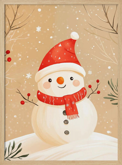 A watercolor-style illustration of a cute, smiling snowman wearing a red Santa hat and a matching red scarf. The snowman has stick arms with red berries, a carrot nose, and is set against a tan background with falling snow and bare branches. Decor