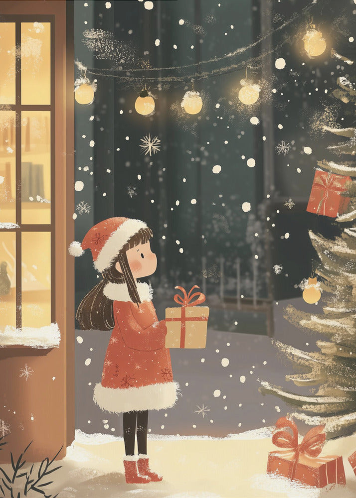 An illustration of a young girl in a red Santa coat and hat holding a gift, standing in the snow at night. She looks at a Christmas tree while snow falls around her, illuminated by string lights and the warm glow from a nearby window. Artwork