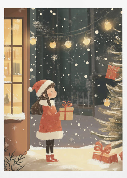 An illustration of a young girl in a red Santa coat and hat holding a gift, standing in the snow at night. She looks at a Christmas tree while snow falls around her, illuminated by string lights and the warm glow from a nearby window. Artwork