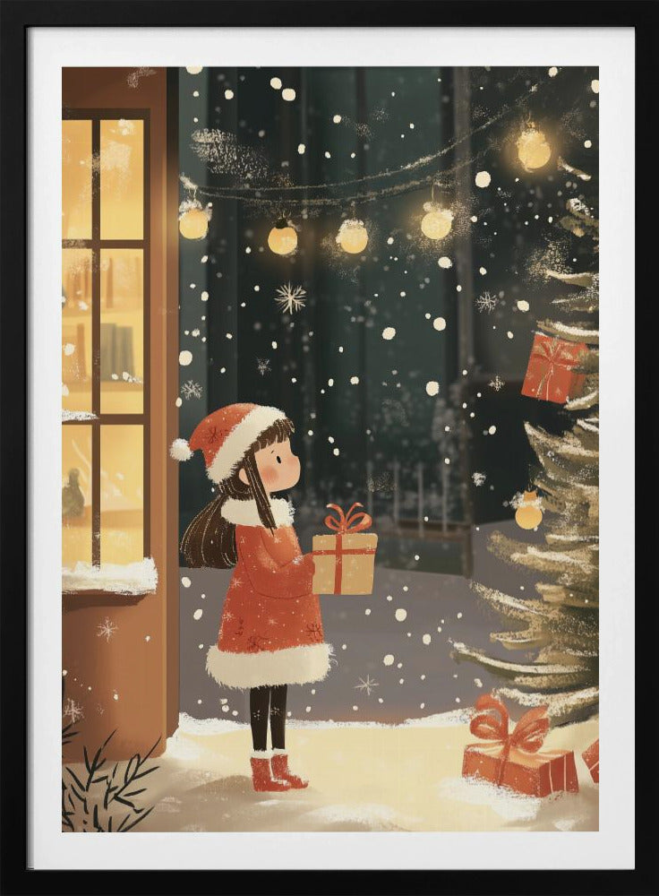 An illustration of a young girl in a red Santa coat and hat holding a gift, standing in the snow at night. She looks at a Christmas tree while snow falls around her, illuminated by string lights and the warm glow from a nearby window. Artwork