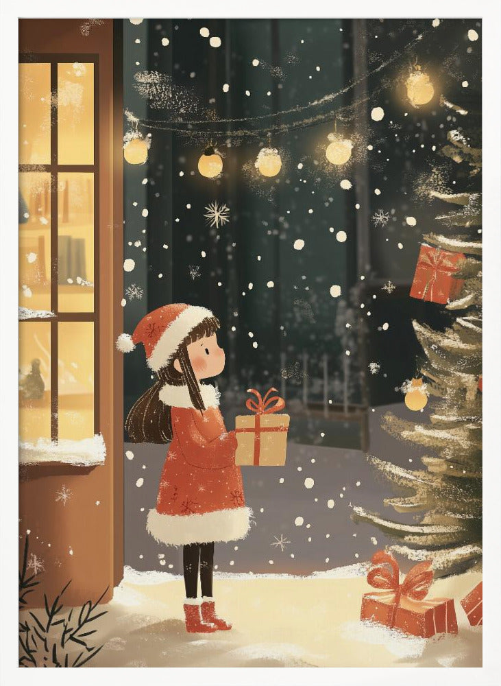 An illustration of a young girl in a red Santa coat and hat holding a gift, standing in the snow at night. She looks at a Christmas tree while snow falls around her, illuminated by string lights and the warm glow from a nearby window. Artwork