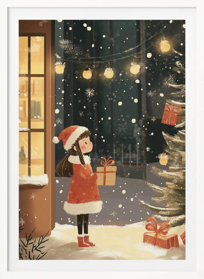 An illustration of a young girl in a red Santa coat and hat holding a gift, standing in the snow at night. She looks at a Christmas tree while snow falls around her, illuminated by string lights and the warm glow from a nearby window. Artwork