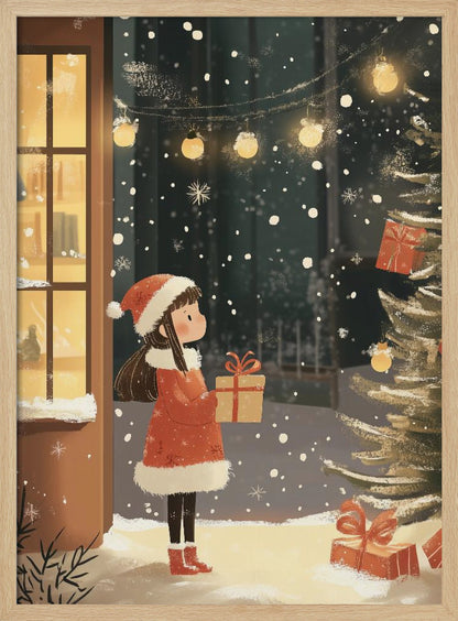 An illustration of a young girl in a red Santa coat and hat holding a gift, standing in the snow at night. She looks at a Christmas tree while snow falls around her, illuminated by string lights and the warm glow from a nearby window. Artwork