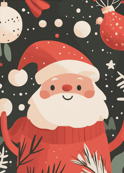 A charming, cartoon-style illustration of a smiling Santa Claus in a red sweater and hat, set against a dark, snowy background with festive ornaments and foliage. Decor