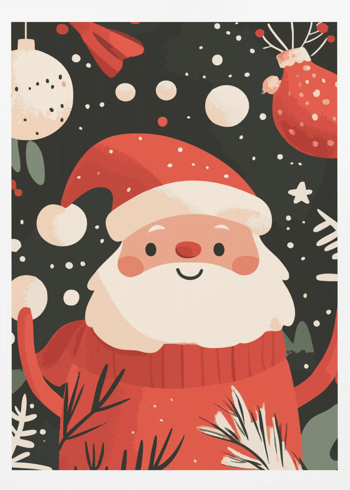 A charming, cartoon-style illustration of a smiling Santa Claus in a red sweater and hat, set against a dark, snowy background with festive ornaments and foliage. Decor
