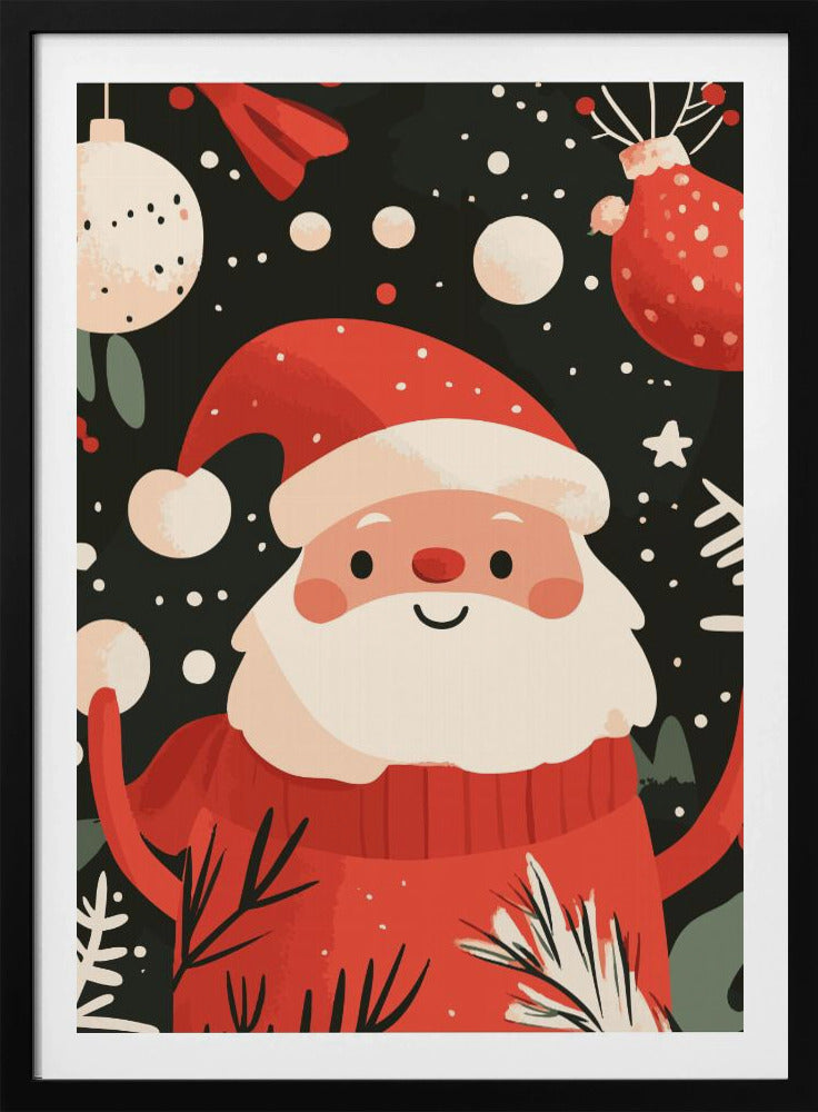 A charming, cartoon-style illustration of a smiling Santa Claus in a red sweater and hat, set against a dark, snowy background with festive ornaments and foliage. Decor