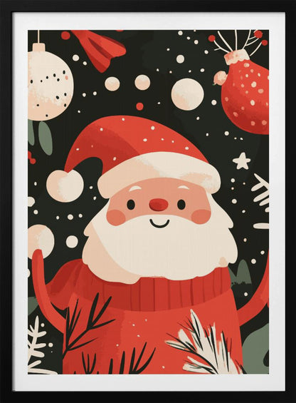 A charming, cartoon-style illustration of a smiling Santa Claus in a red sweater and hat, set against a dark, snowy background with festive ornaments and foliage. Decor