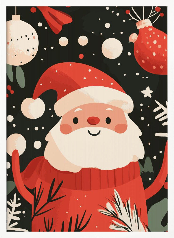 A charming, cartoon-style illustration of a smiling Santa Claus in a red sweater and hat, set against a dark, snowy background with festive ornaments and foliage. Decor
