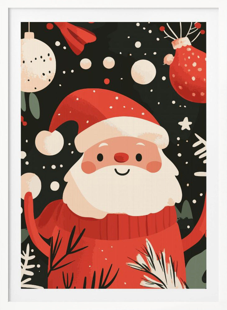 A charming, cartoon-style illustration of a smiling Santa Claus in a red sweater and hat, set against a dark, snowy background with festive ornaments and foliage. Decor