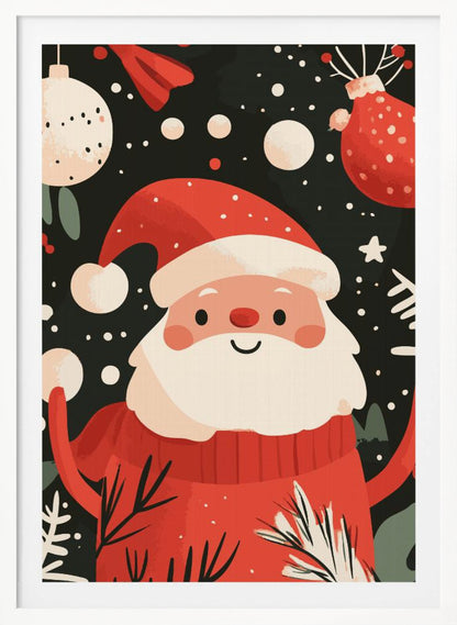 A charming, cartoon-style illustration of a smiling Santa Claus in a red sweater and hat, set against a dark, snowy background with festive ornaments and foliage. Decor
