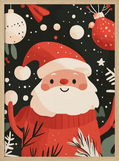 A charming, cartoon-style illustration of a smiling Santa Claus in a red sweater and hat, set against a dark, snowy background with festive ornaments and foliage. Decor