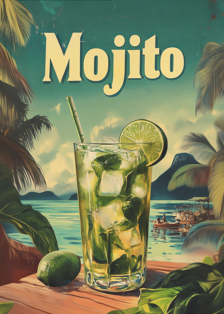 A vintage-style travel poster advertising a Mojito. A tall glass filled with the cocktail, ice, mint, and a lime wedge sits on a wooden table overlooking a tropical beach with palm trees and turquoise water. The word 'Mojito' is written in large, cream-colored letters at the top. Print