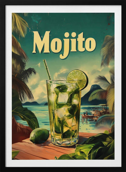 A vintage-style travel poster advertising a Mojito. A tall glass filled with the cocktail, ice, mint, and a lime wedge sits on a wooden table overlooking a tropical beach with palm trees and turquoise water. The word 'Mojito' is written in large, cream-colored letters at the top. Print