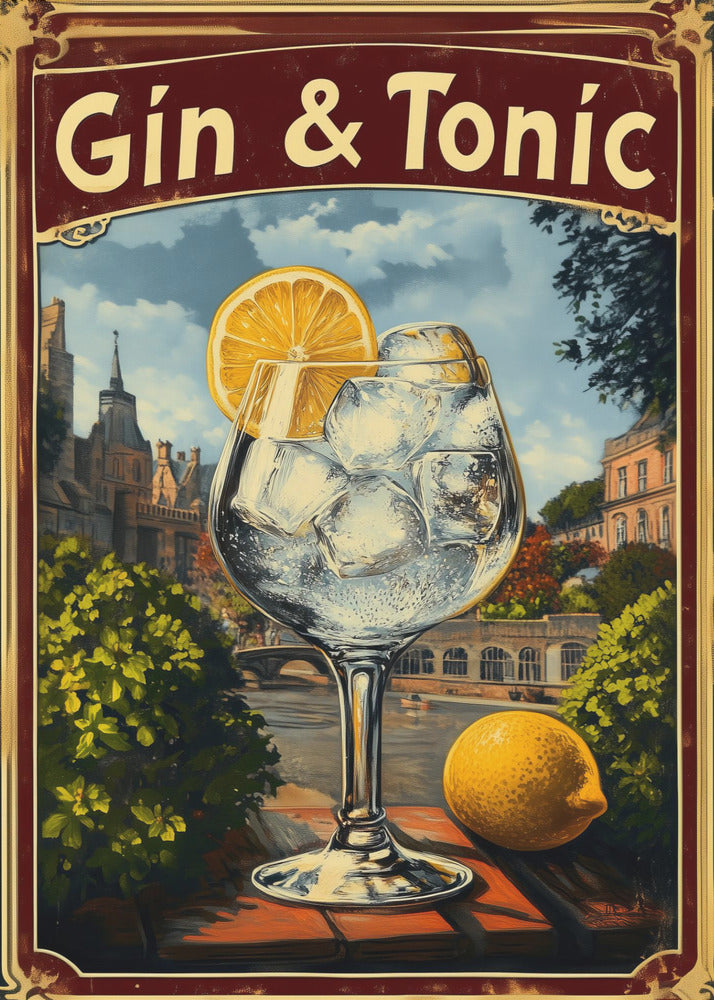 A vintage-style advertisement poster for 'Gin & Tonic'. In the foreground, a large balloon glass filled with ice and a lemon slice sits on a brick ledge overlooking a European cityscape with a river. A whole lemon rests beside the glass. The poster has a decorative red and gold border. Decor