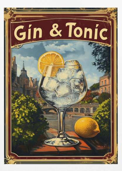 A vintage-style advertisement poster for 'Gin & Tonic'. In the foreground, a large balloon glass filled with ice and a lemon slice sits on a brick ledge overlooking a European cityscape with a river. A whole lemon rests beside the glass. The poster has a decorative red and gold border. Decor