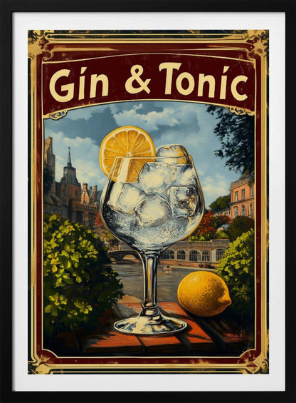 A vintage-style advertisement poster for 'Gin & Tonic'. In the foreground, a large balloon glass filled with ice and a lemon slice sits on a brick ledge overlooking a European cityscape with a river. A whole lemon rests beside the glass. The poster has a decorative red and gold border. Decor