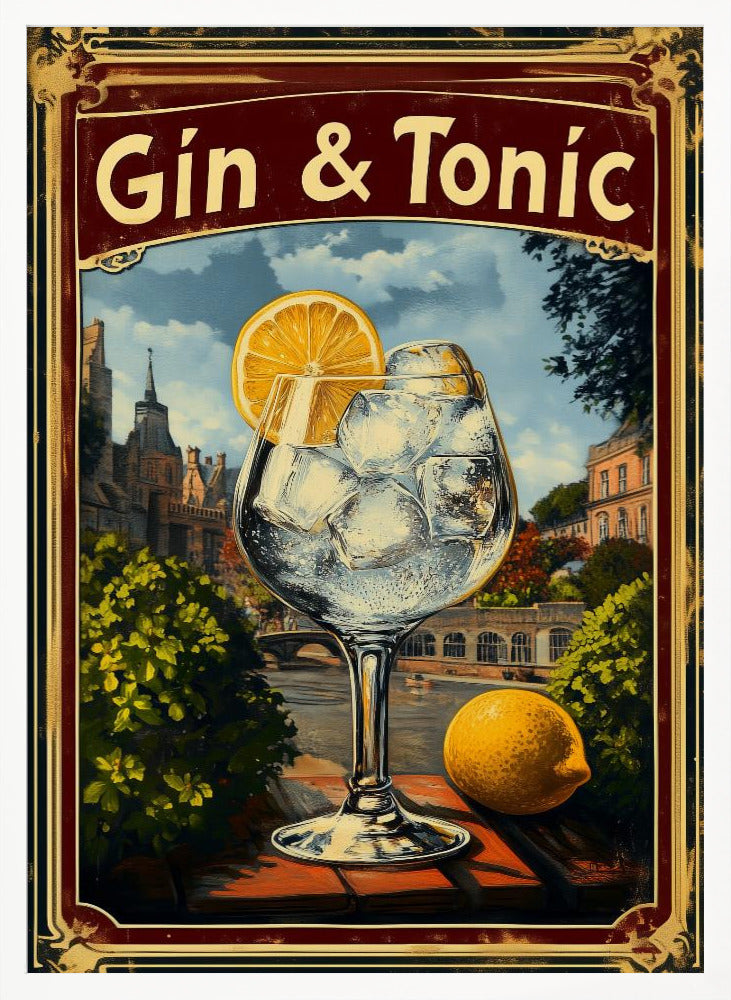 A vintage-style advertisement poster for 'Gin & Tonic'. In the foreground, a large balloon glass filled with ice and a lemon slice sits on a brick ledge overlooking a European cityscape with a river. A whole lemon rests beside the glass. The poster has a decorative red and gold border. Decor
