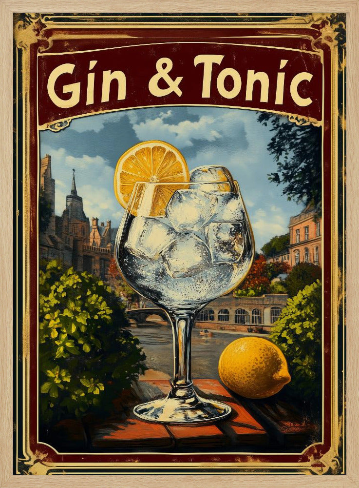 A vintage-style advertisement poster for 'Gin & Tonic'. In the foreground, a large balloon glass filled with ice and a lemon slice sits on a brick ledge overlooking a European cityscape with a river. A whole lemon rests beside the glass. The poster has a decorative red and gold border. Decor