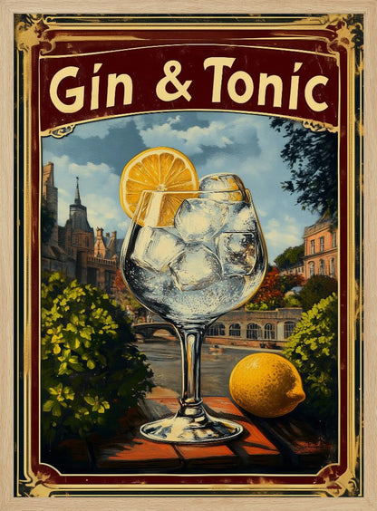 A vintage-style advertisement poster for 'Gin & Tonic'. In the foreground, a large balloon glass filled with ice and a lemon slice sits on a brick ledge overlooking a European cityscape with a river. A whole lemon rests beside the glass. The poster has a decorative red and gold border. Decor