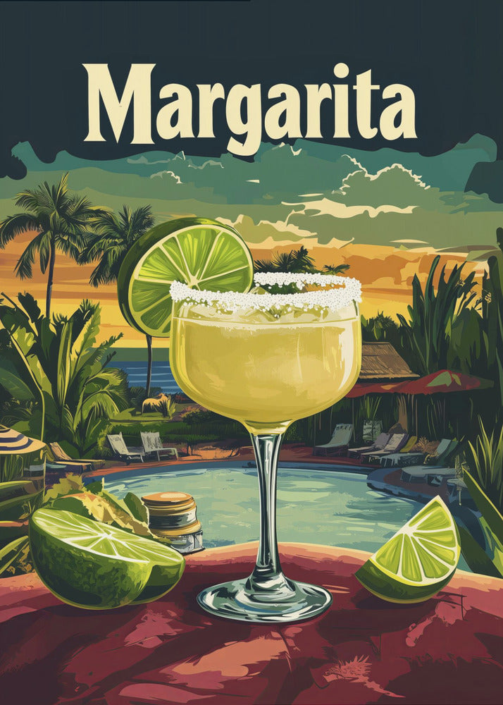 A vintage-style travel poster featuring a close-up of a salt-rimmed margarita cocktail with a lime garnish. The background depicts a scenic tropical resort at sunset with a pool, palm trees, and the ocean. The word 'Margarita' is written in a large, cream-colored font at the top. Artwork