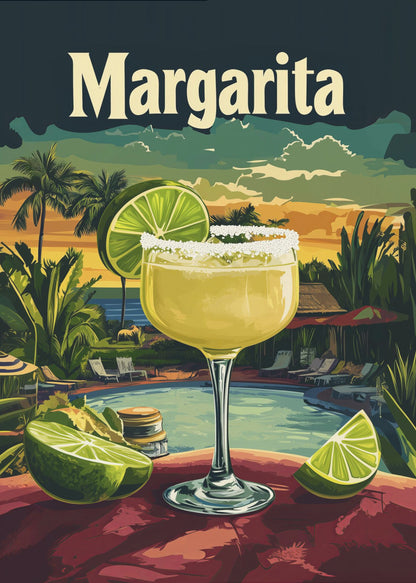 A vintage-style travel poster featuring a close-up of a salt-rimmed margarita cocktail with a lime garnish. The background depicts a scenic tropical resort at sunset with a pool, palm trees, and the ocean. The word 'Margarita' is written in a large, cream-colored font at the top. Artwork