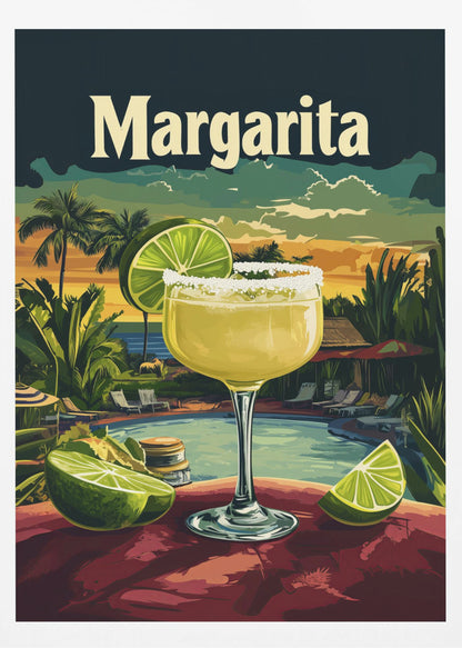 A vintage-style travel poster featuring a close-up of a salt-rimmed margarita cocktail with a lime garnish. The background depicts a scenic tropical resort at sunset with a pool, palm trees, and the ocean. The word 'Margarita' is written in a large, cream-colored font at the top. Artwork