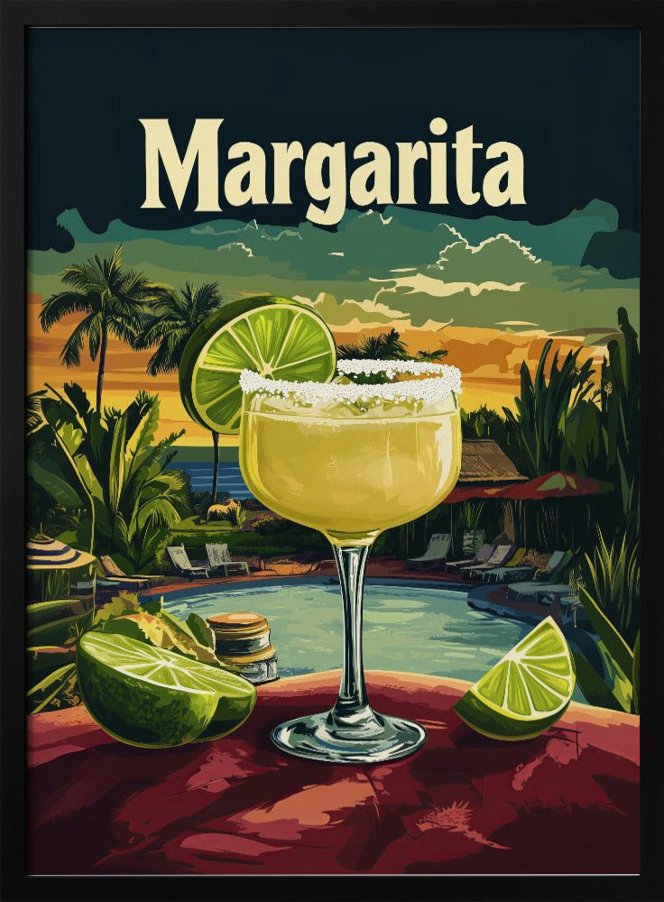 A vintage-style travel poster featuring a close-up of a salt-rimmed margarita cocktail with a lime garnish. The background depicts a scenic tropical resort at sunset with a pool, palm trees, and the ocean. The word 'Margarita' is written in a large, cream-colored font at the top. Artwork