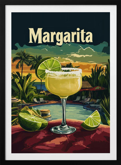 A vintage-style travel poster featuring a close-up of a salt-rimmed margarita cocktail with a lime garnish. The background depicts a scenic tropical resort at sunset with a pool, palm trees, and the ocean. The word 'Margarita' is written in a large, cream-colored font at the top. Artwork