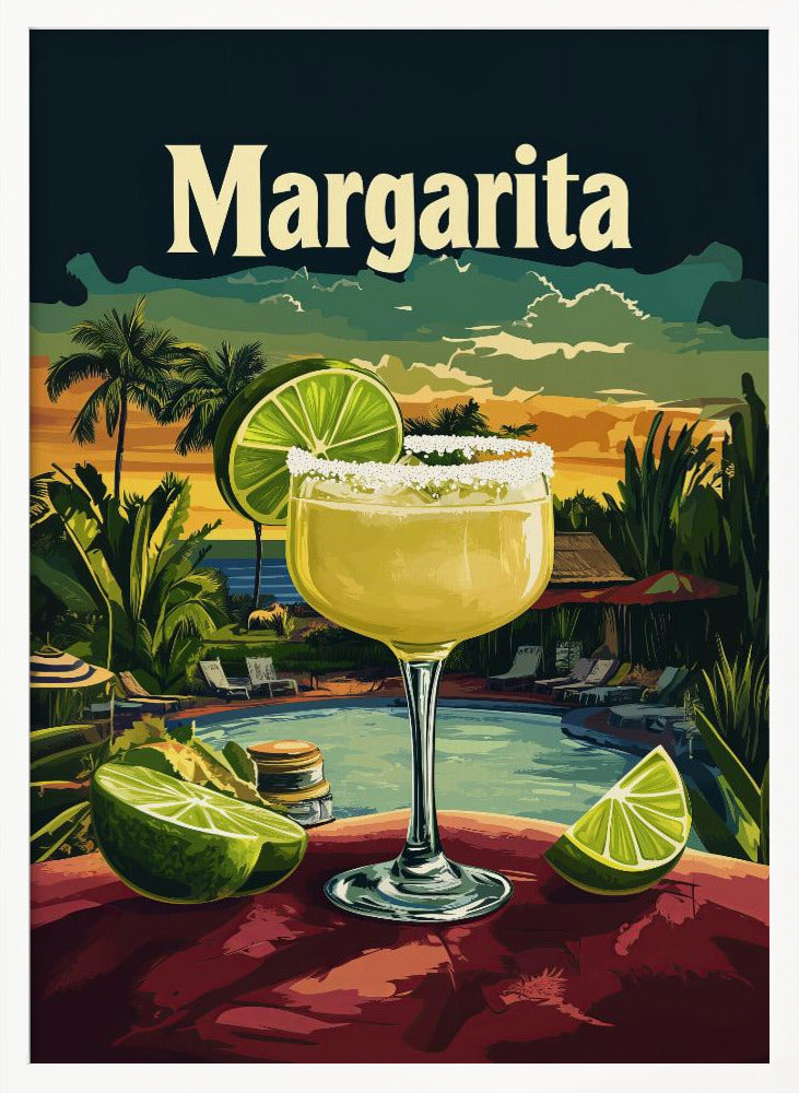 A vintage-style travel poster featuring a close-up of a salt-rimmed margarita cocktail with a lime garnish. The background depicts a scenic tropical resort at sunset with a pool, palm trees, and the ocean. The word 'Margarita' is written in a large, cream-colored font at the top. Artwork