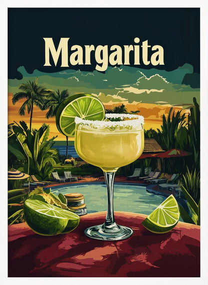 A vintage-style travel poster featuring a close-up of a salt-rimmed margarita cocktail with a lime garnish. The background depicts a scenic tropical resort at sunset with a pool, palm trees, and the ocean. The word 'Margarita' is written in a large, cream-colored font at the top. Artwork