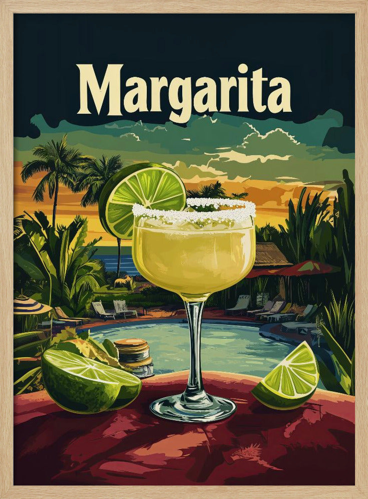 A vintage-style travel poster featuring a close-up of a salt-rimmed margarita cocktail with a lime garnish. The background depicts a scenic tropical resort at sunset with a pool, palm trees, and the ocean. The word 'Margarita' is written in a large, cream-colored font at the top. Artwork