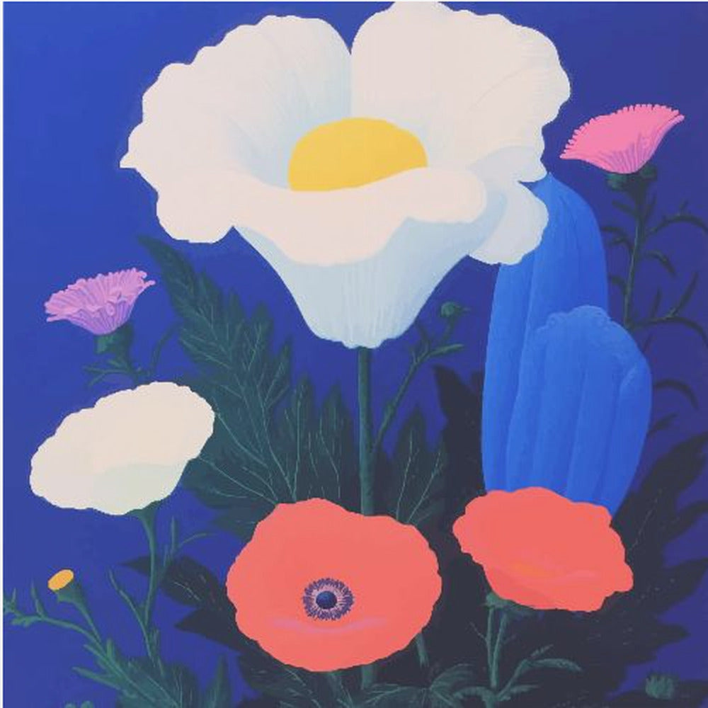 A vibrant, stylized painting of a bouquet of colorful poppies against a solid, deep blue background, enclosed in a light wood frame. The central flower is a large white poppy with a bright yellow center, surrounded by smaller red, pink, and white poppies, along with dark green leaves. Artwork