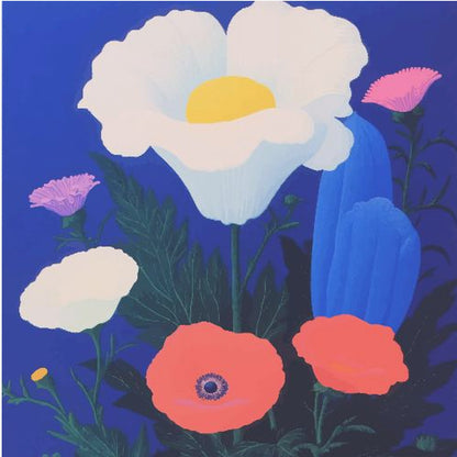 A vibrant, stylized painting of a bouquet of colorful poppies against a solid, deep blue background, enclosed in a light wood frame. The central flower is a large white poppy with a bright yellow center, surrounded by smaller red, pink, and white poppies, along with dark green leaves. Artwork