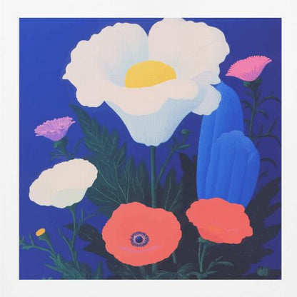 A vibrant, stylized painting of a bouquet of colorful poppies against a solid, deep blue background, enclosed in a light wood frame. The central flower is a large white poppy with a bright yellow center, surrounded by smaller red, pink, and white poppies, along with dark green leaves. Artwork